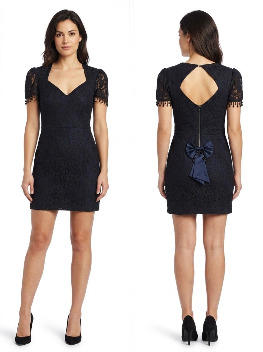 6LS9 Twelve by Twelve Black Lace Beaded Fringe Bow Back Mini Dress Women Size M